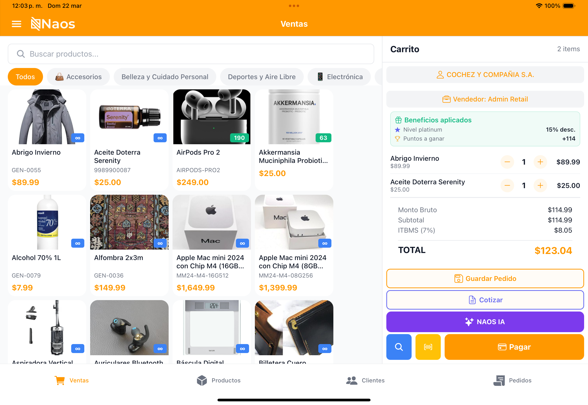 Pantalla de ventas en app móvil con carrito