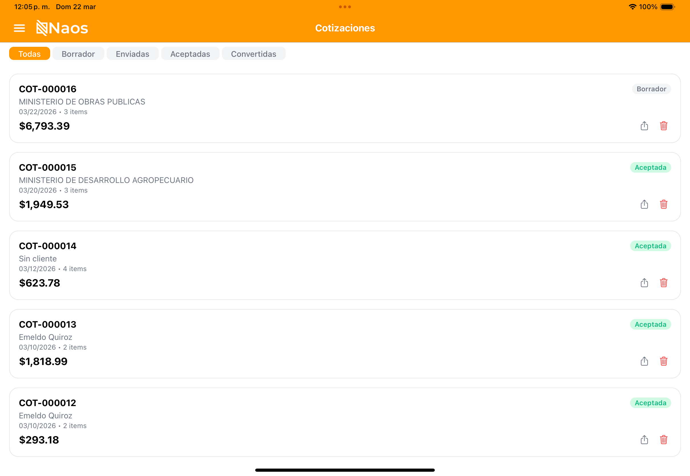 Lista de cotizaciones con filtros por estado