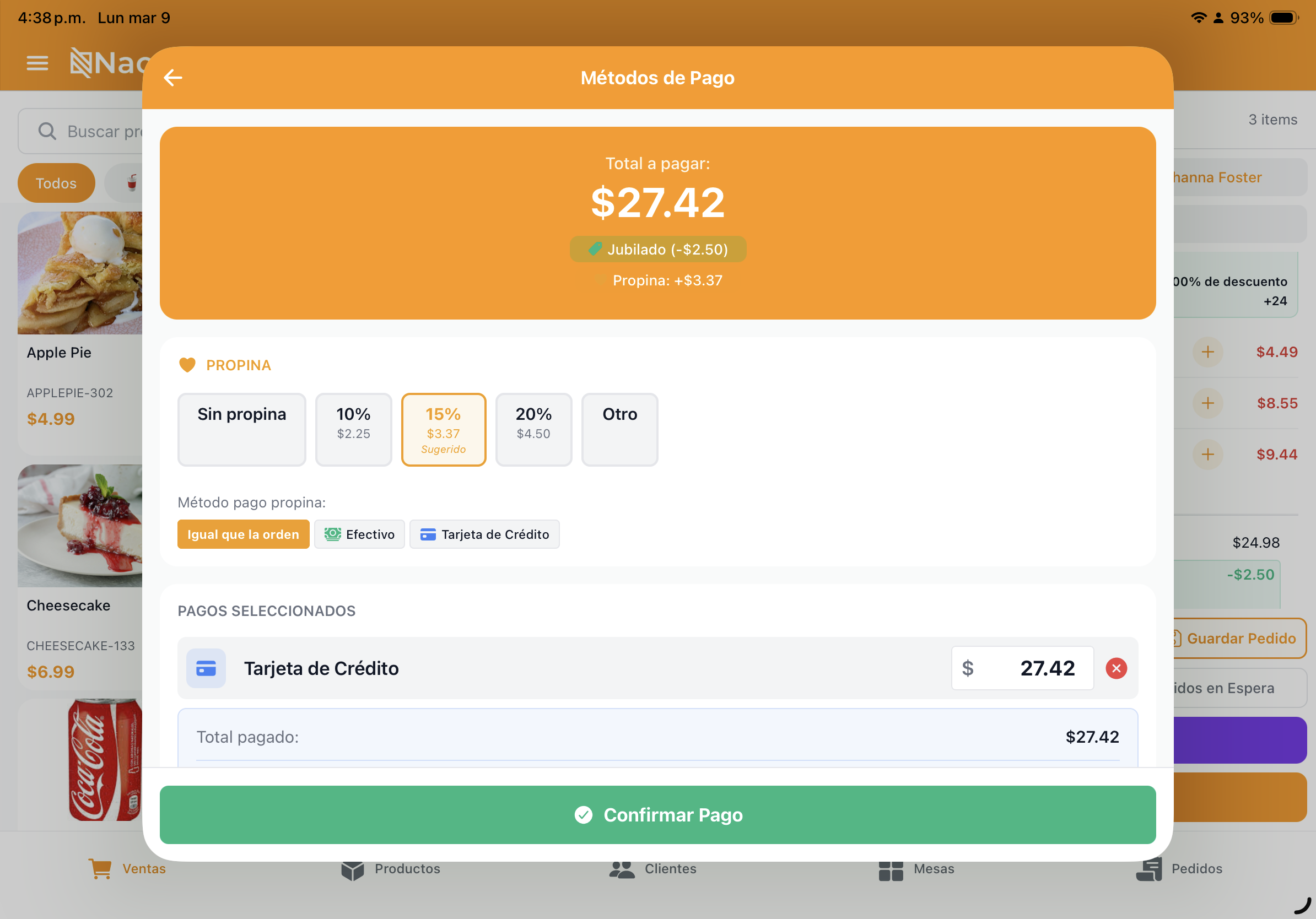 Confirmación de orden en restaurante