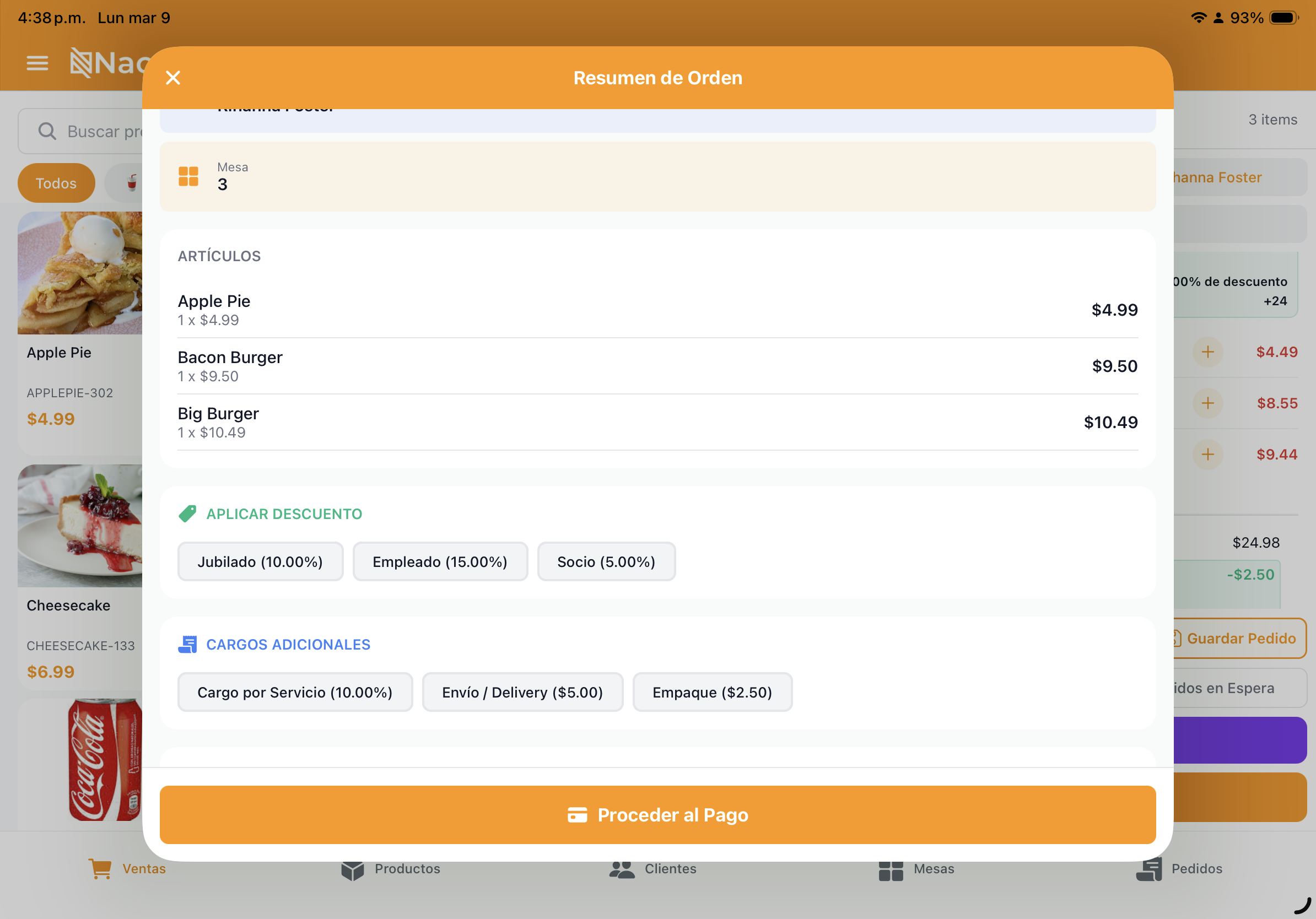 Resumen de orden en restaurante