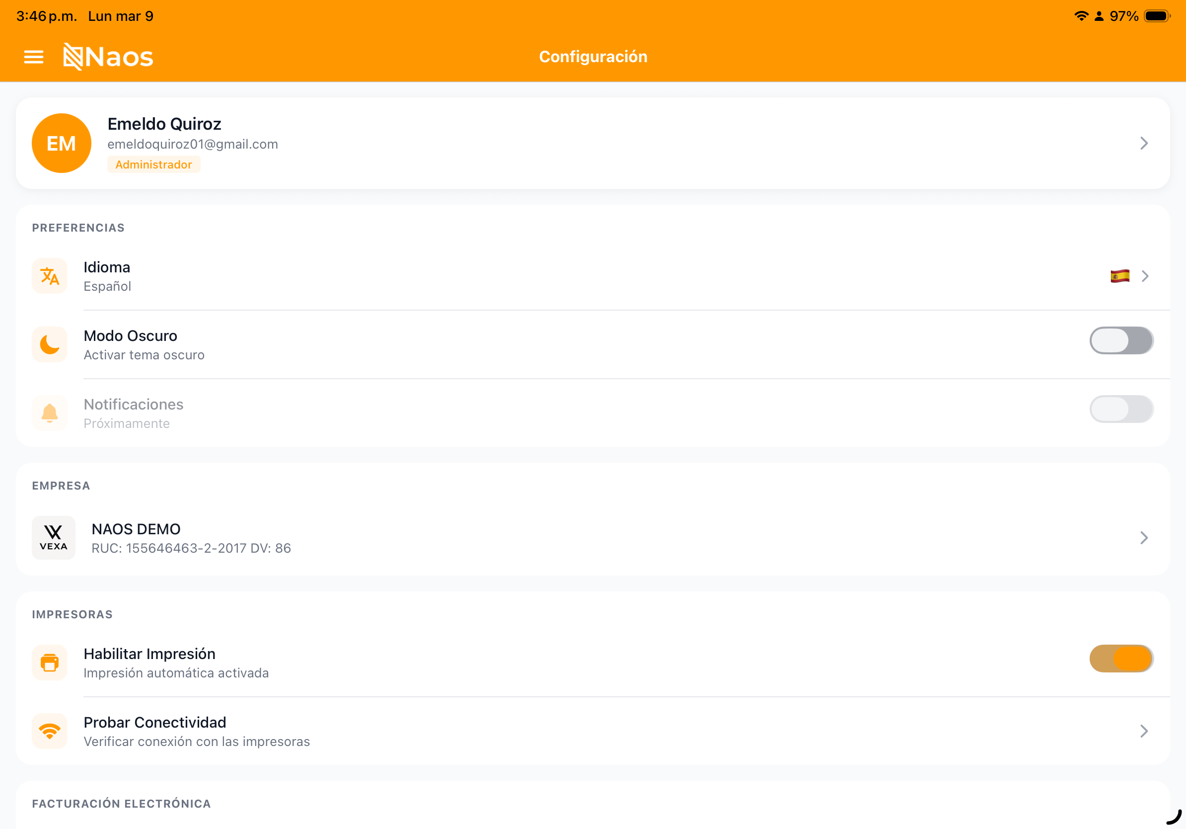 Pantalla de configuraciones