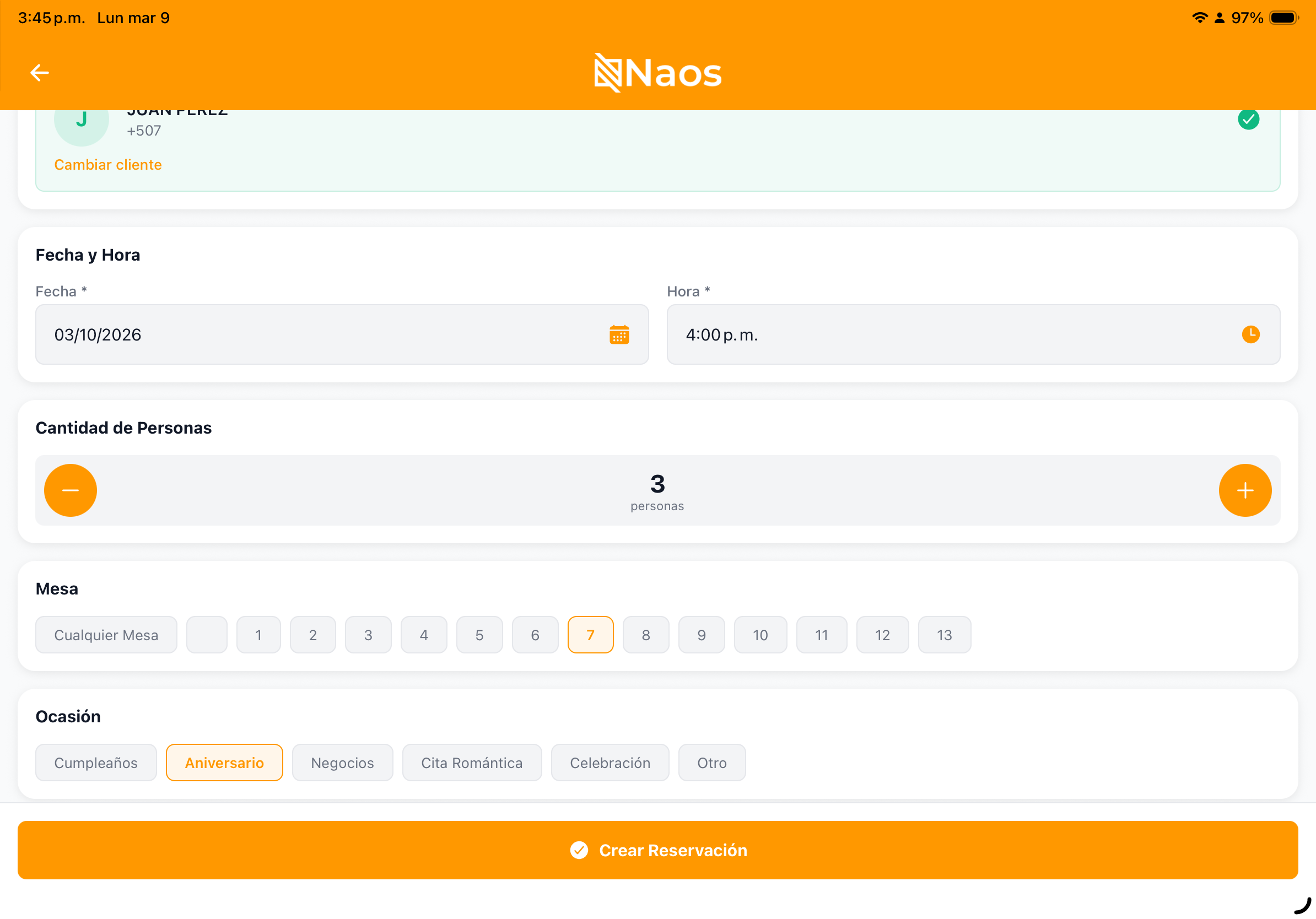 Crear reservación - detalles