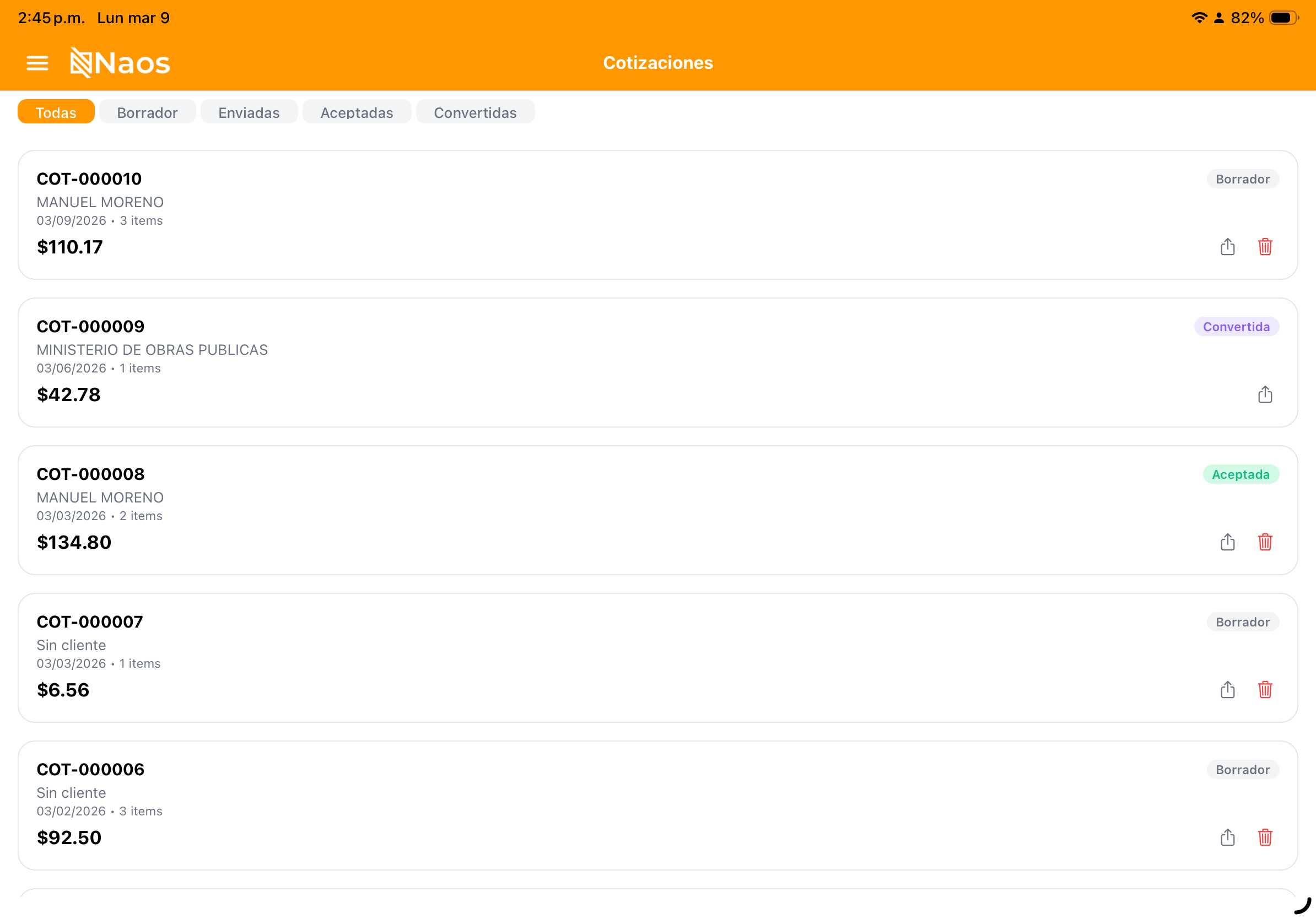 Lista de cotizaciones