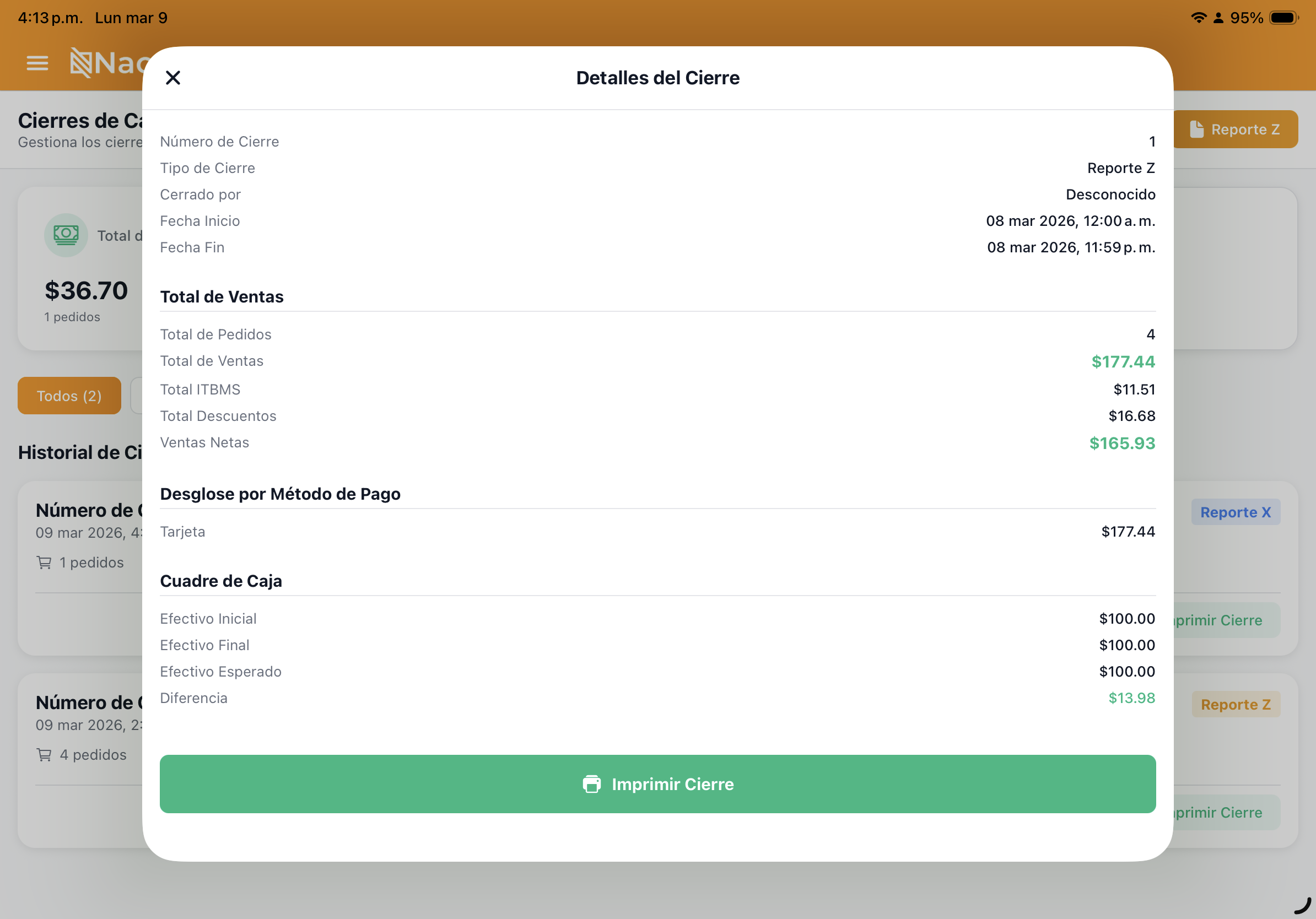 Detalle de cierre de caja