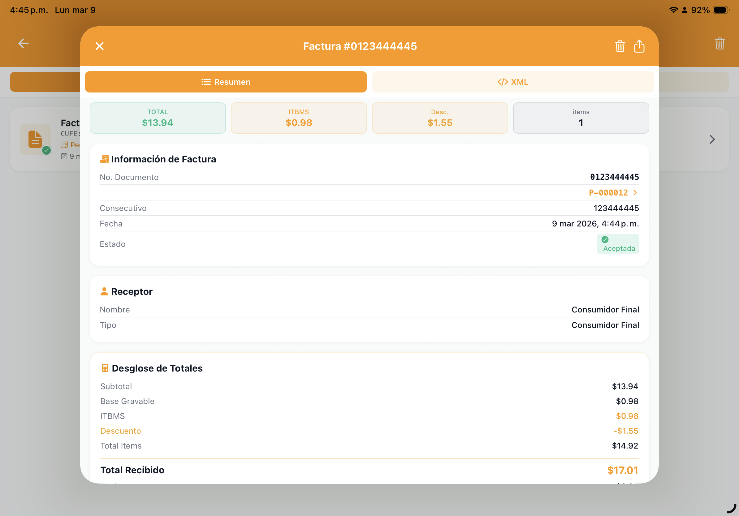 Detalle de factura electrónica