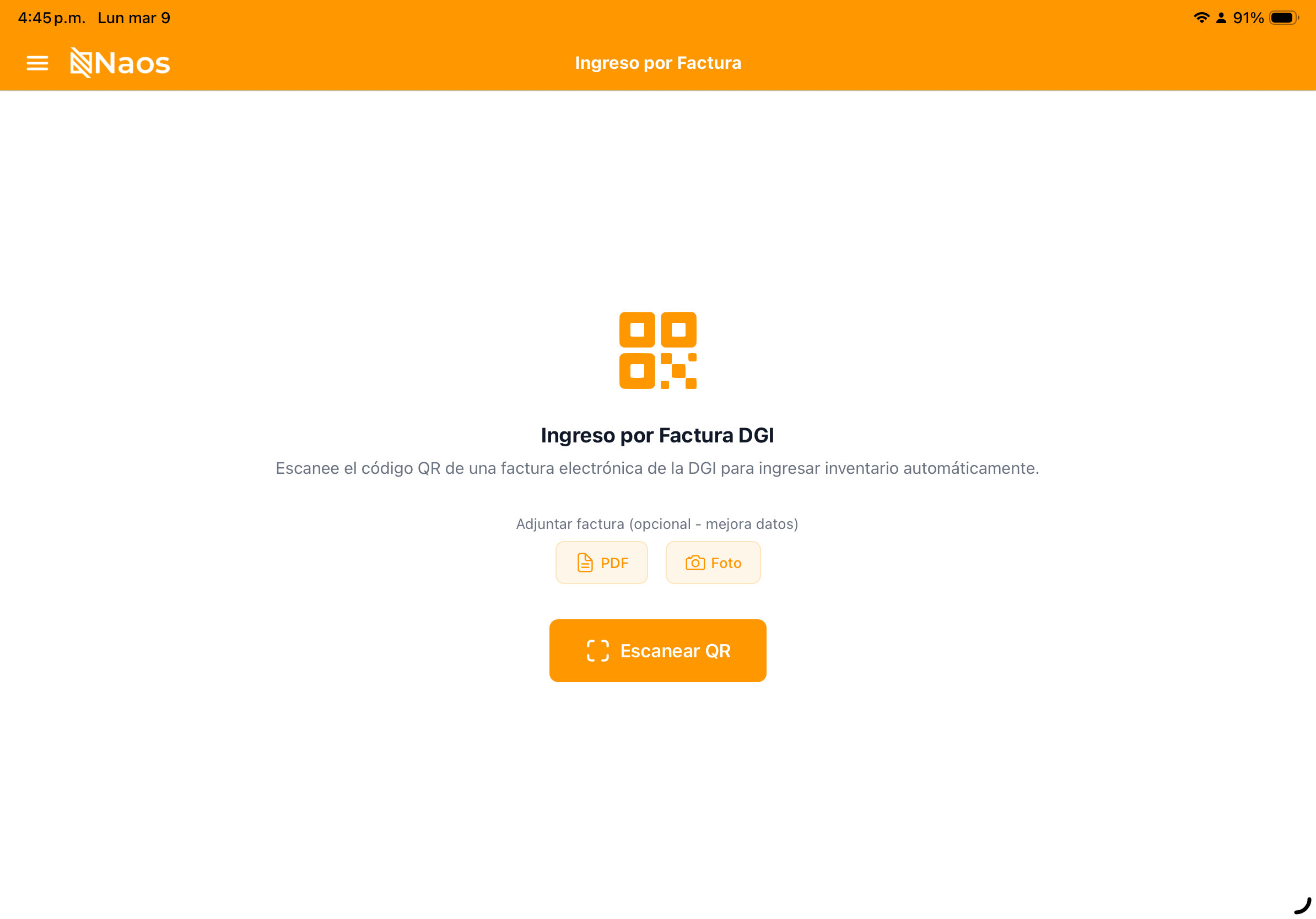 Pantalla de ingreso de factura