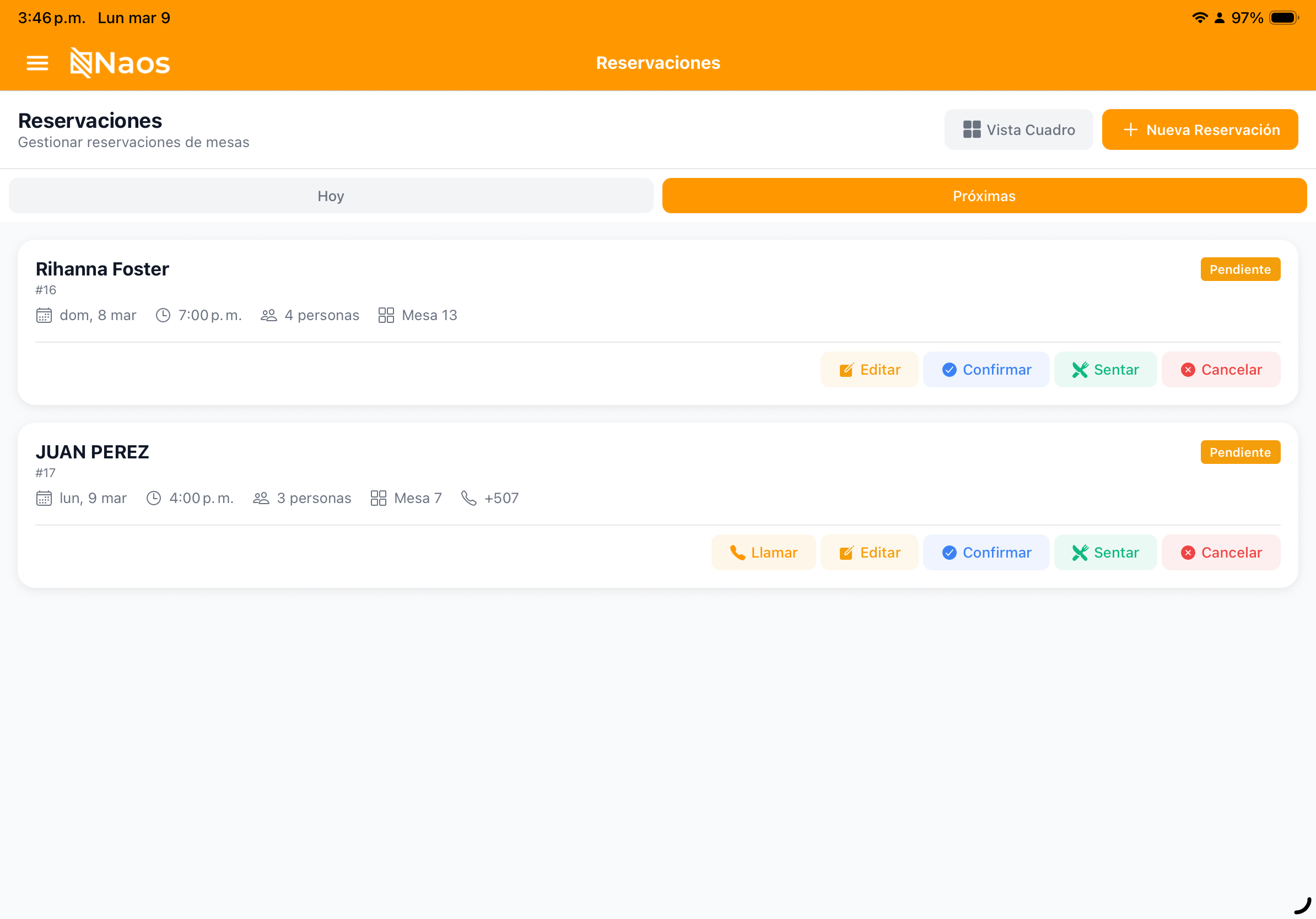 Lista de reservaciones