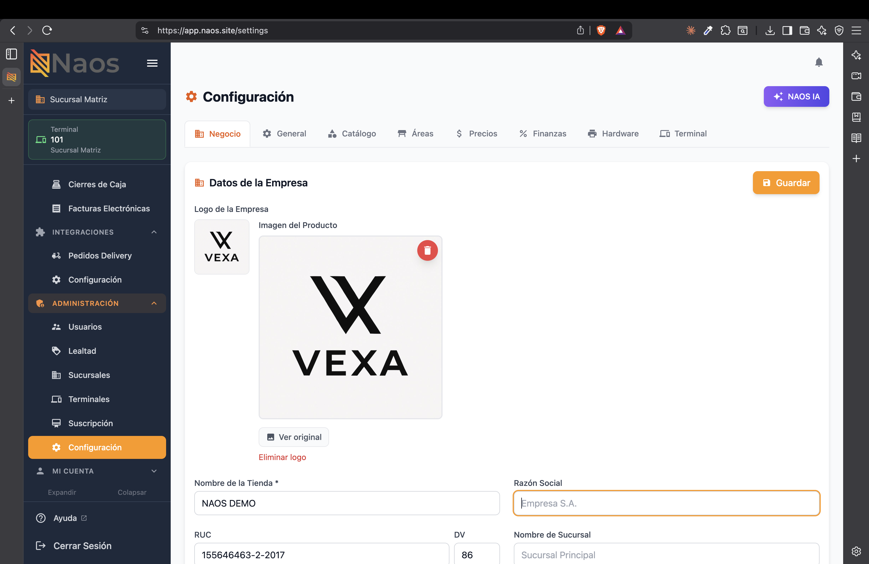 Configuración del negocio