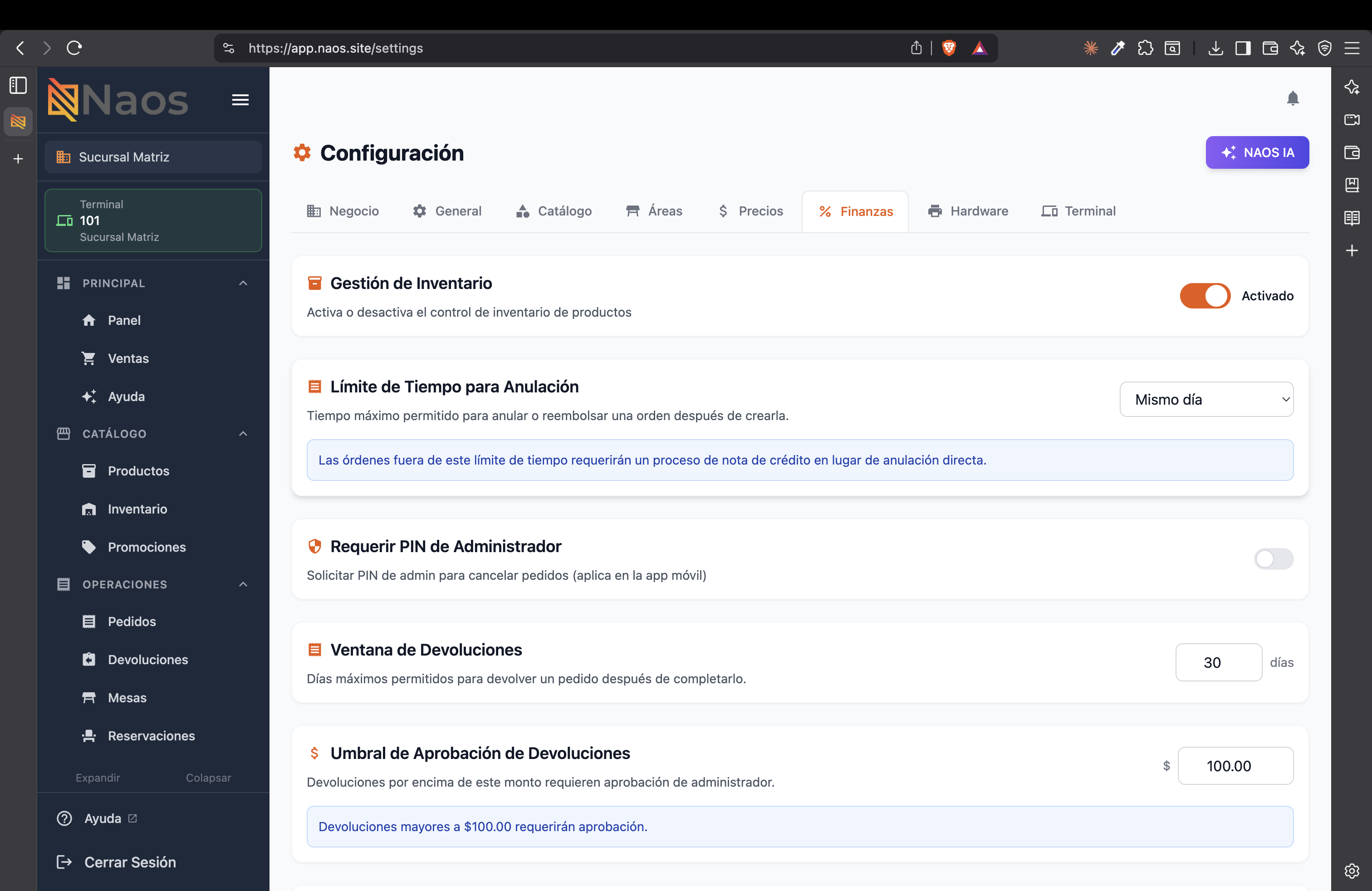 Configuración financiera