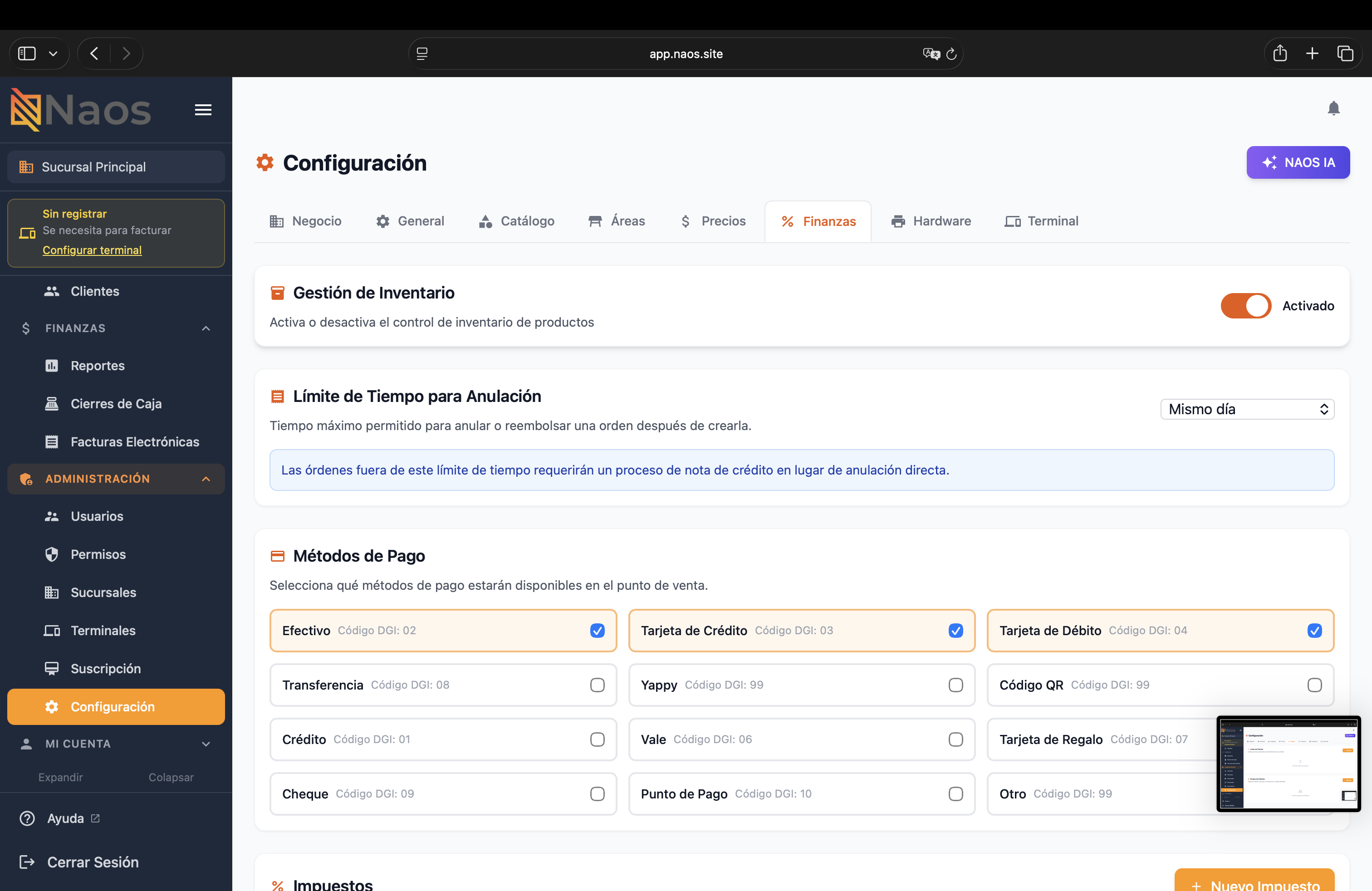 Configuración de finanzas