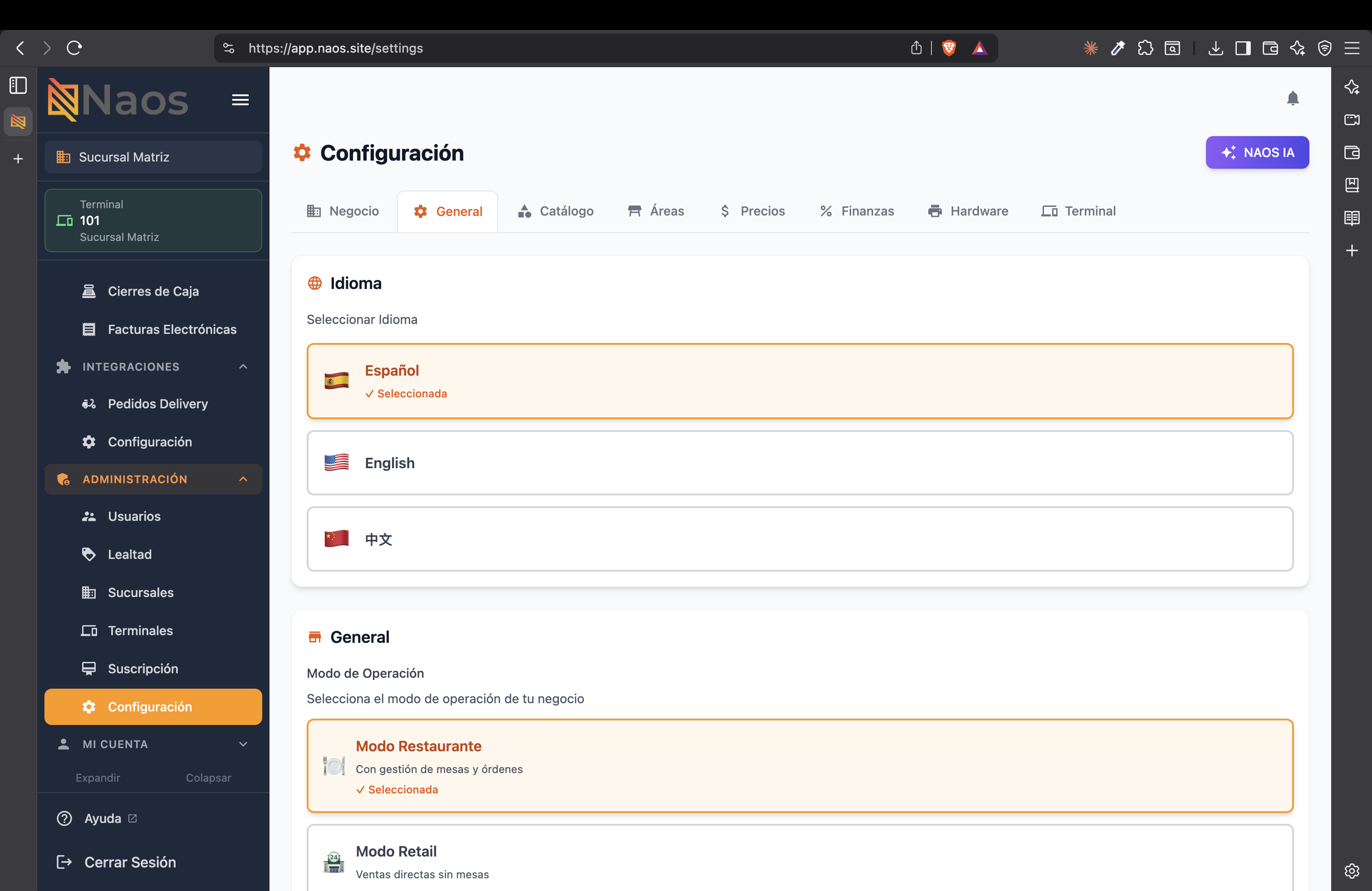 Configuración general del negocio