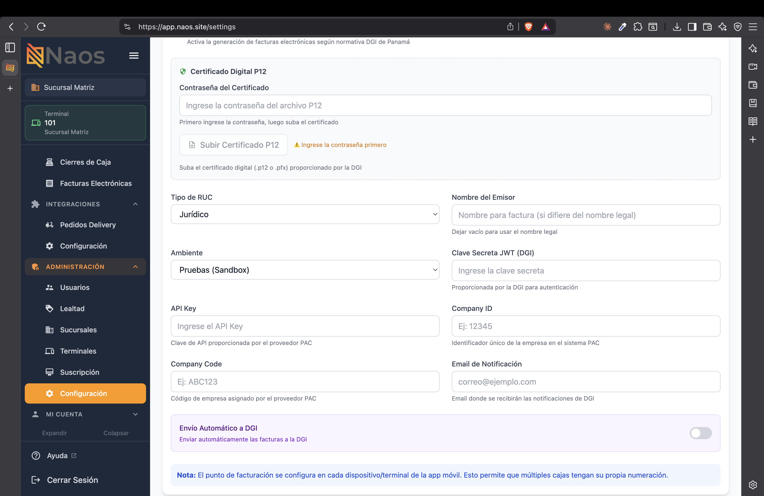 Información de configuración PAC