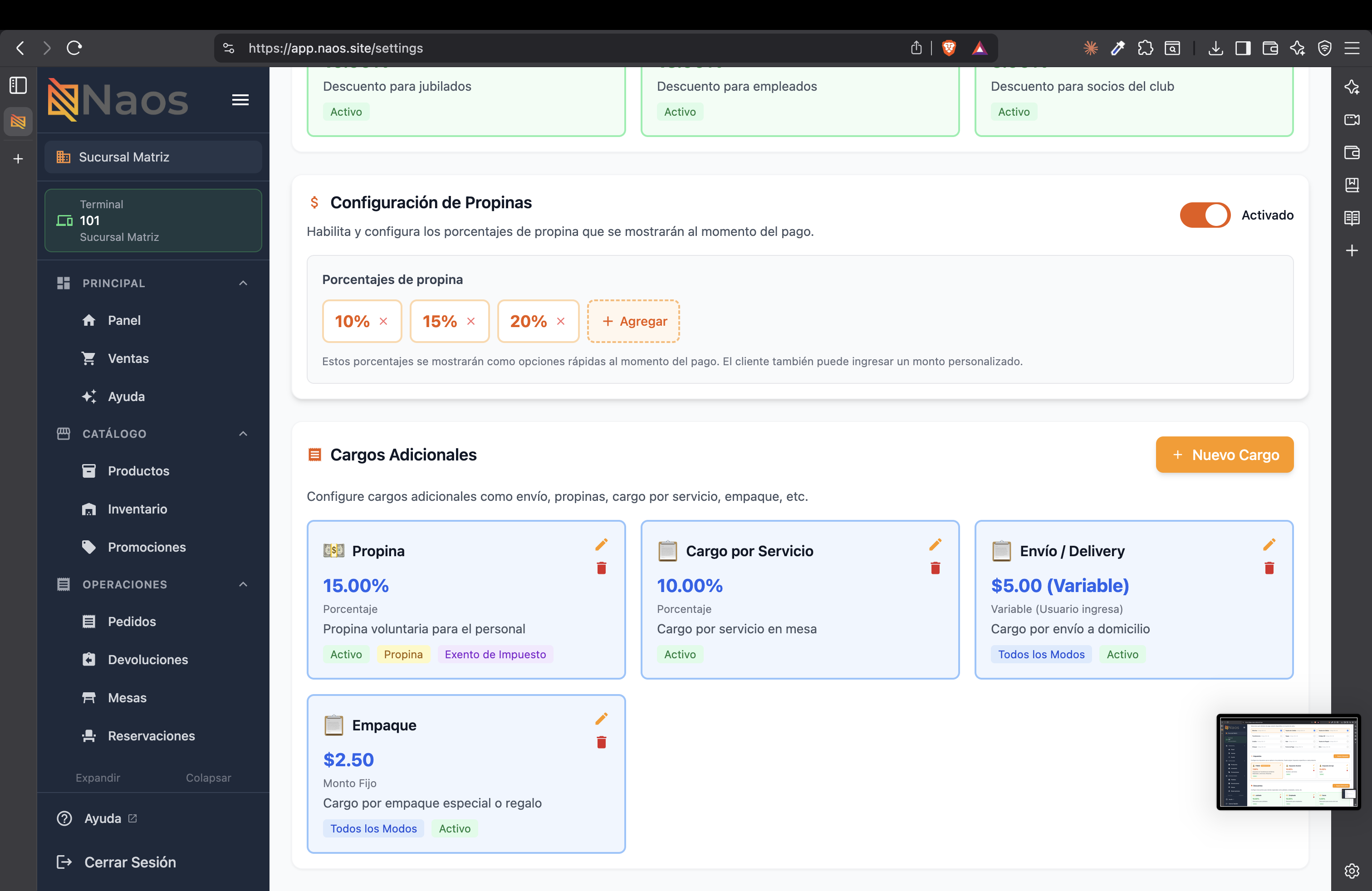 Configuración de propinas y cargos adicionales