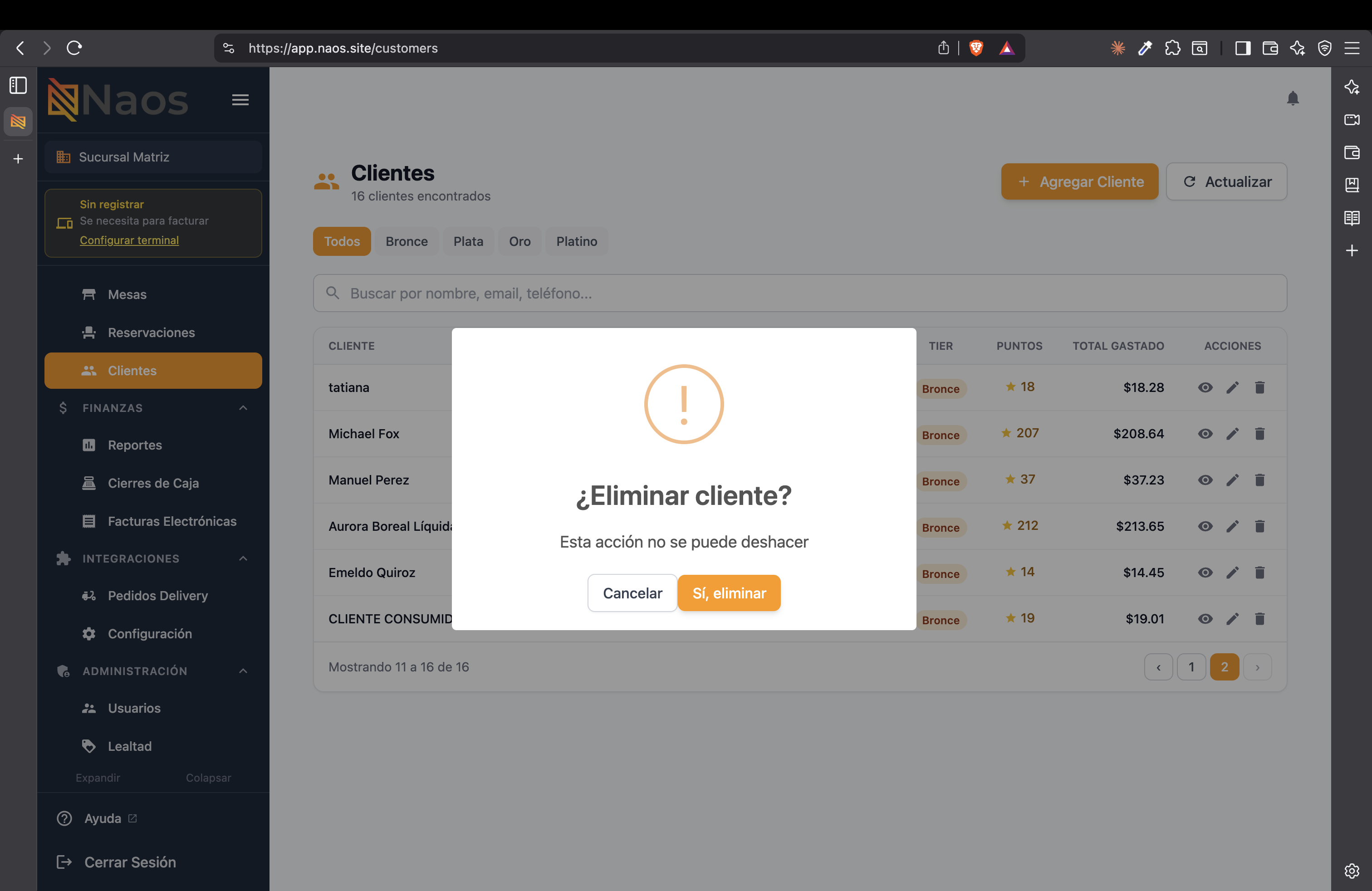 Confirmación de eliminación de cliente