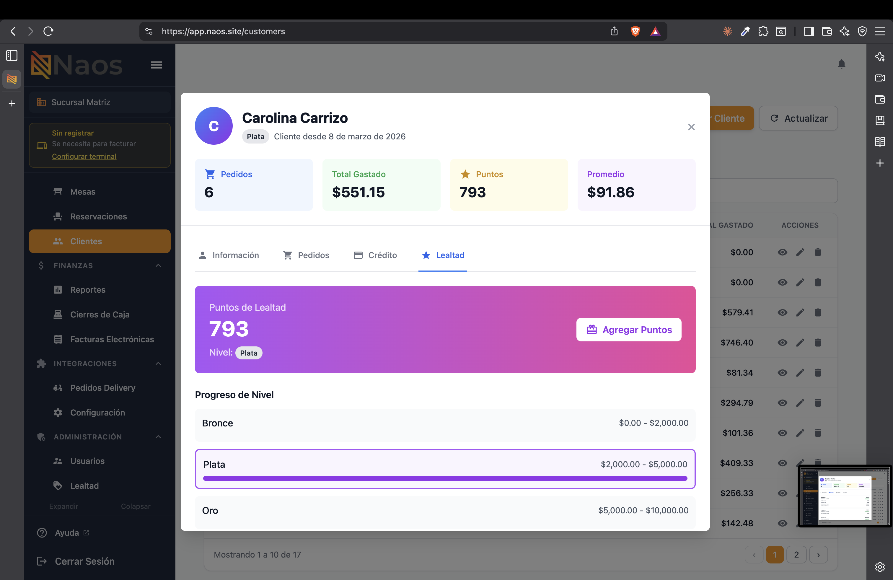 Detalle de cliente - programa de lealtad