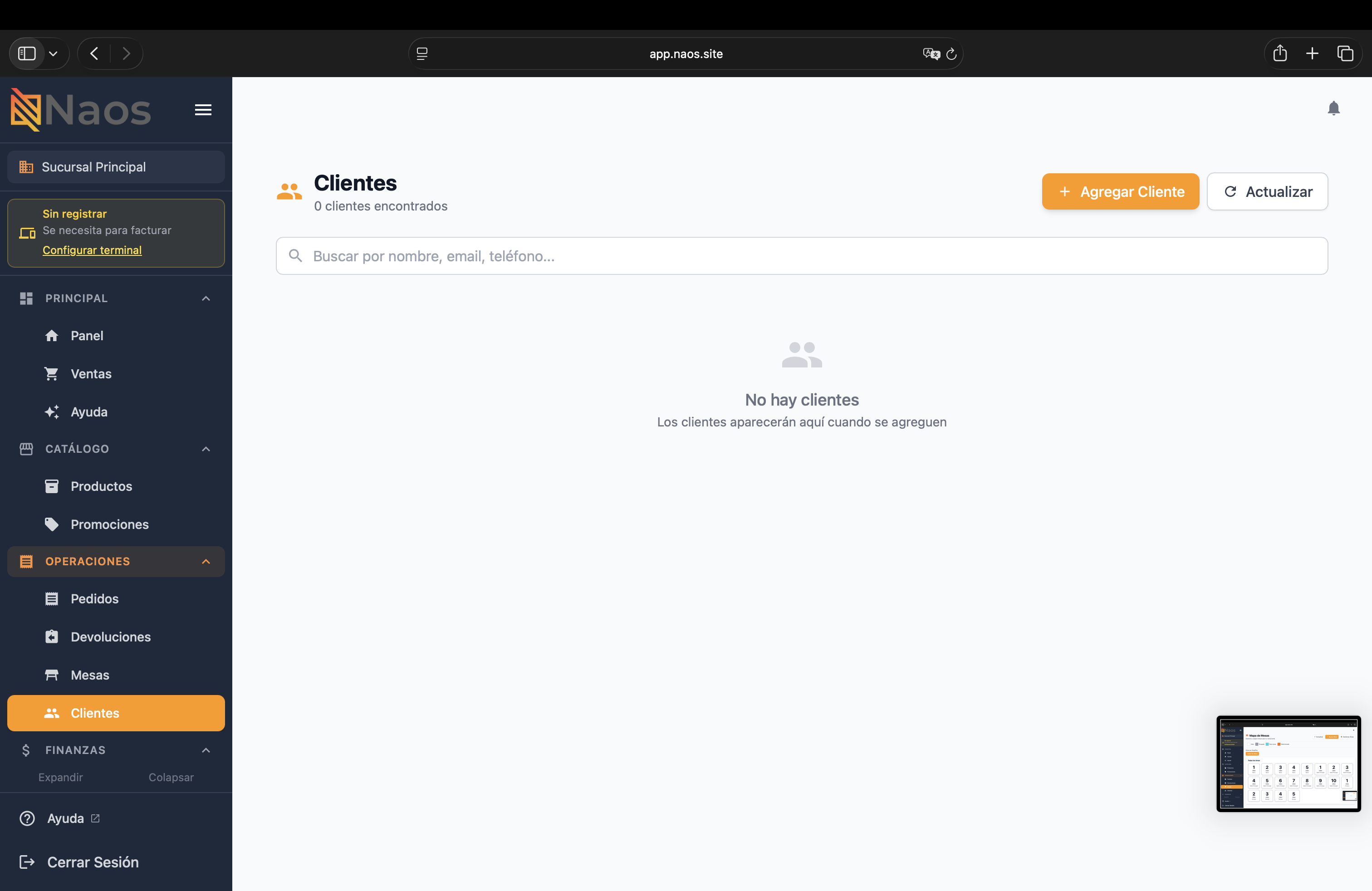 Lista de clientes en el Portal Web