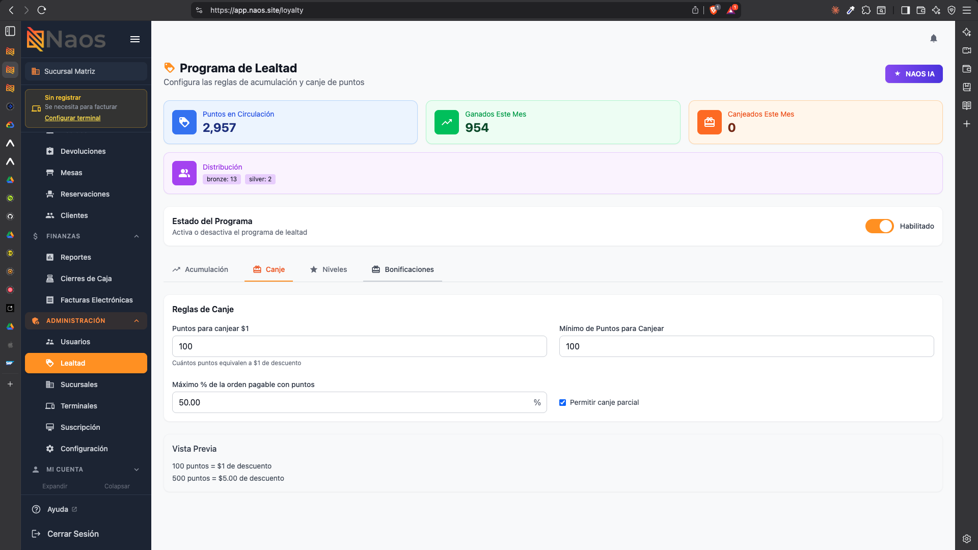 Configuración de reglas de canje de puntos