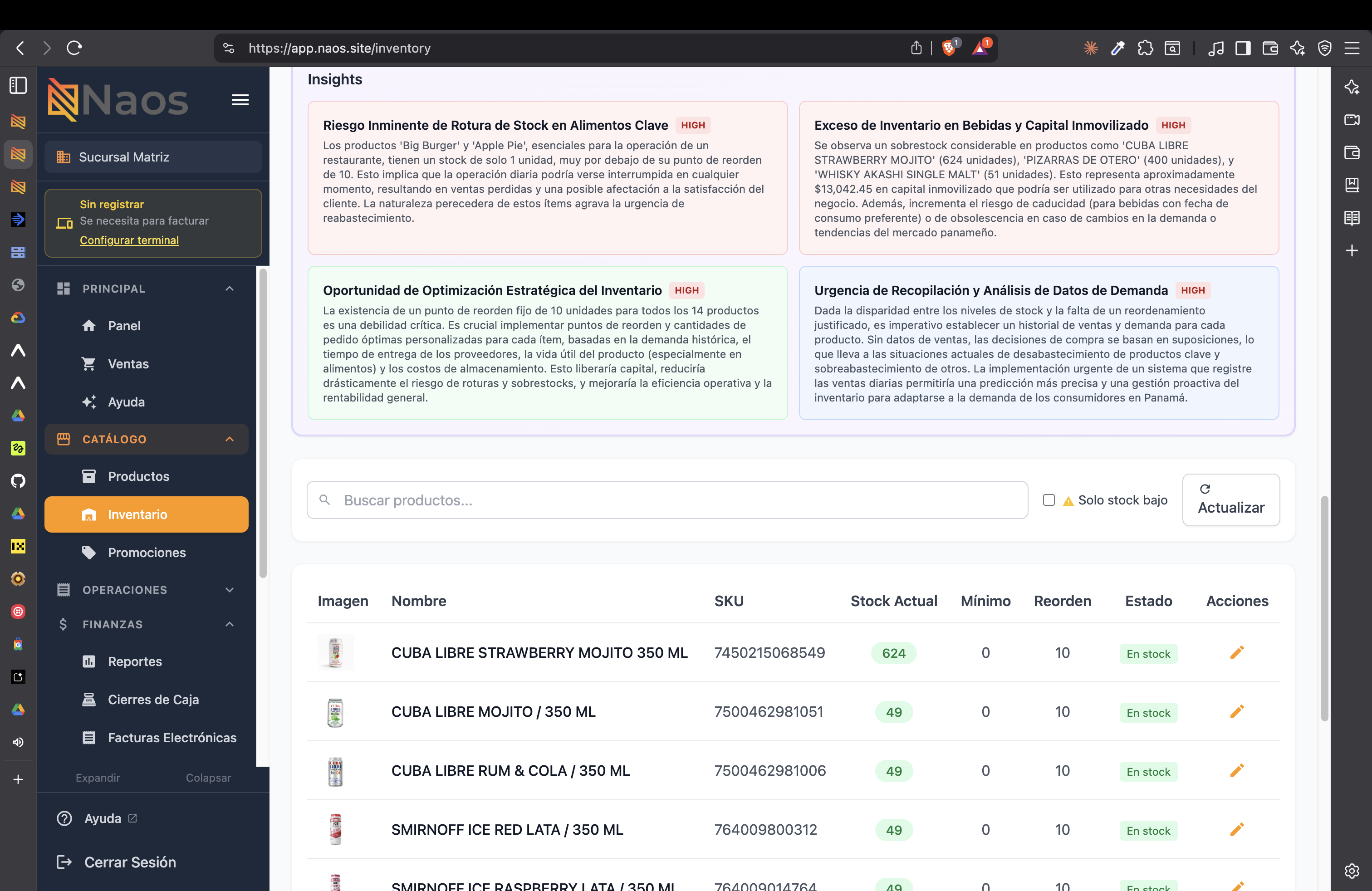 Alertas de stock e insights de inventario