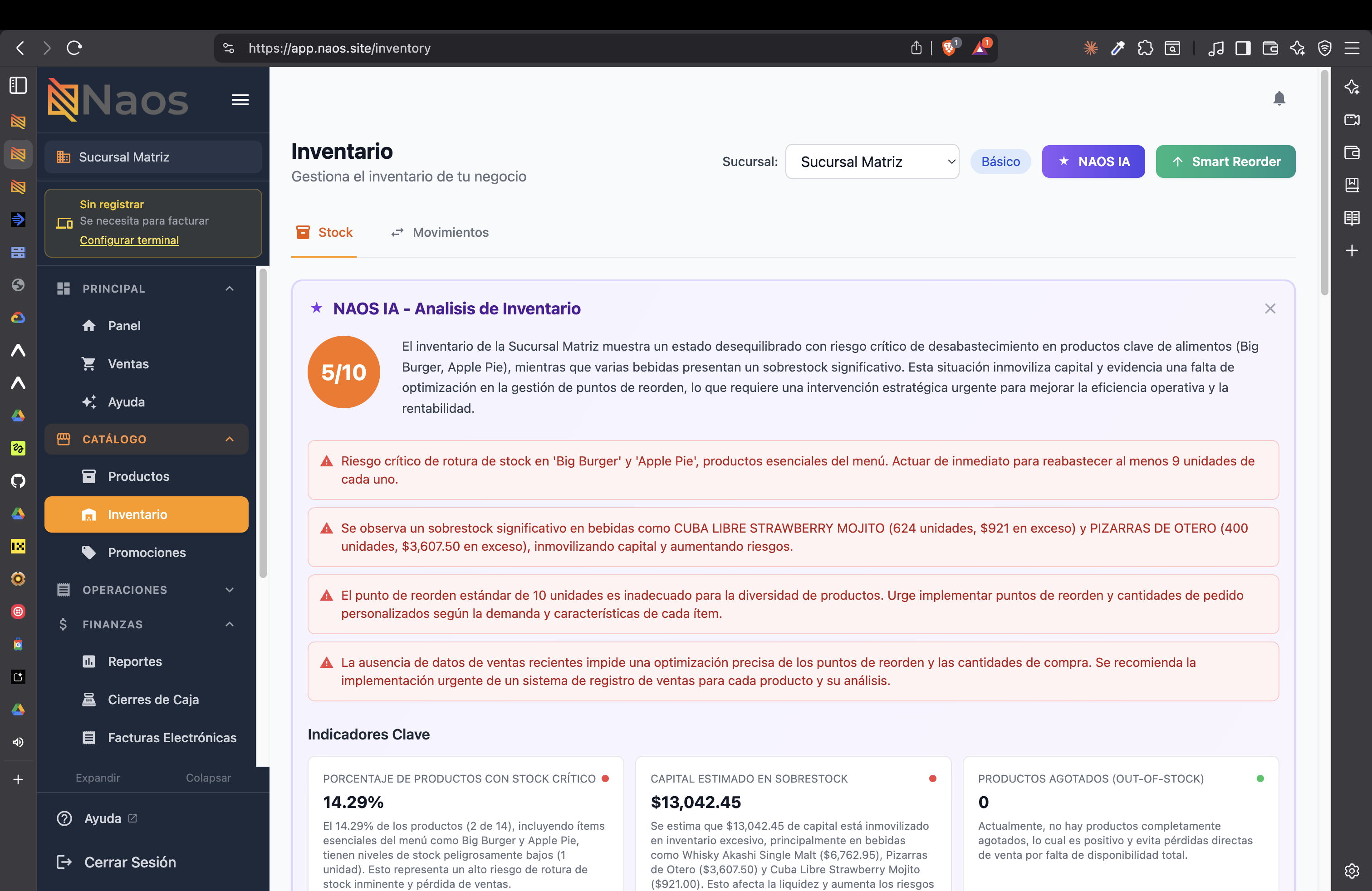 Análisis de inventario con NAOS AI — resumen y score