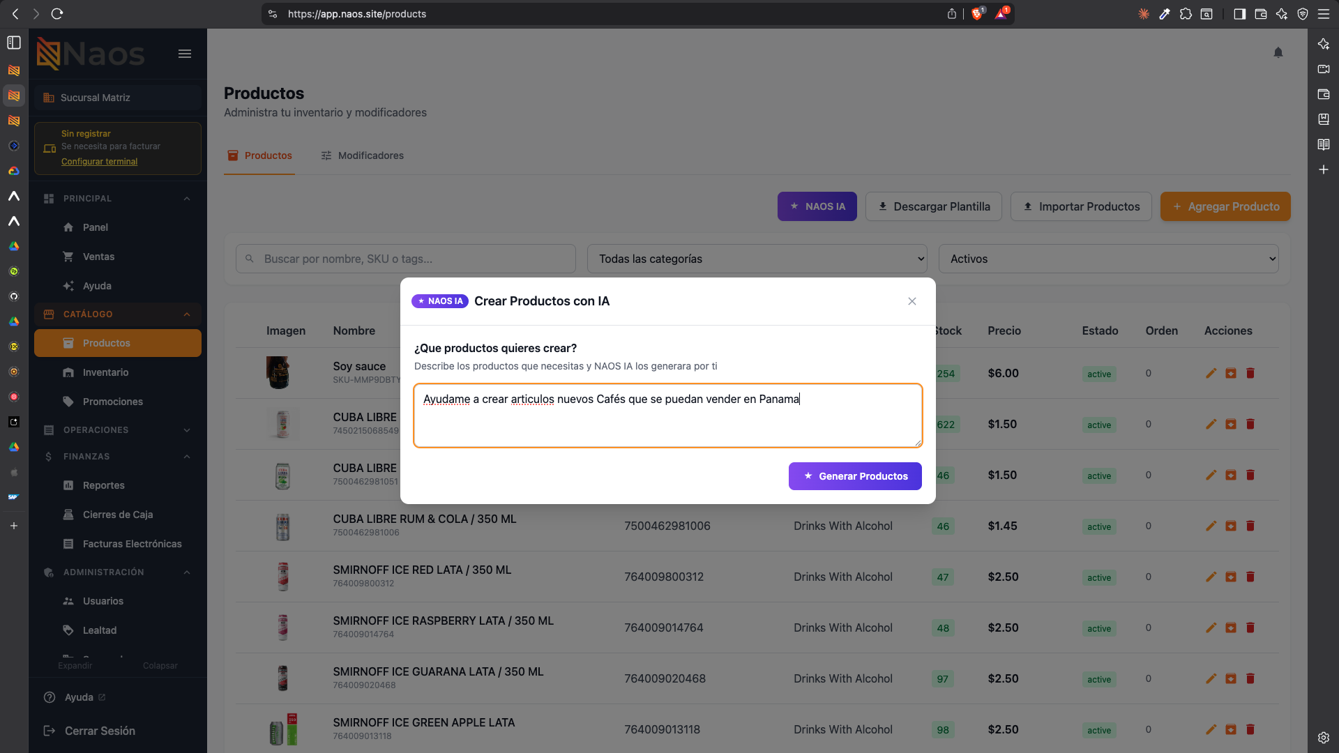 Modal de creación de productos con IA