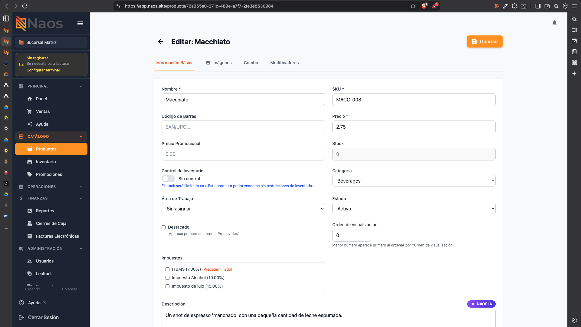 Editor de producto — información básica con campos, impuestos y descripción con IA
