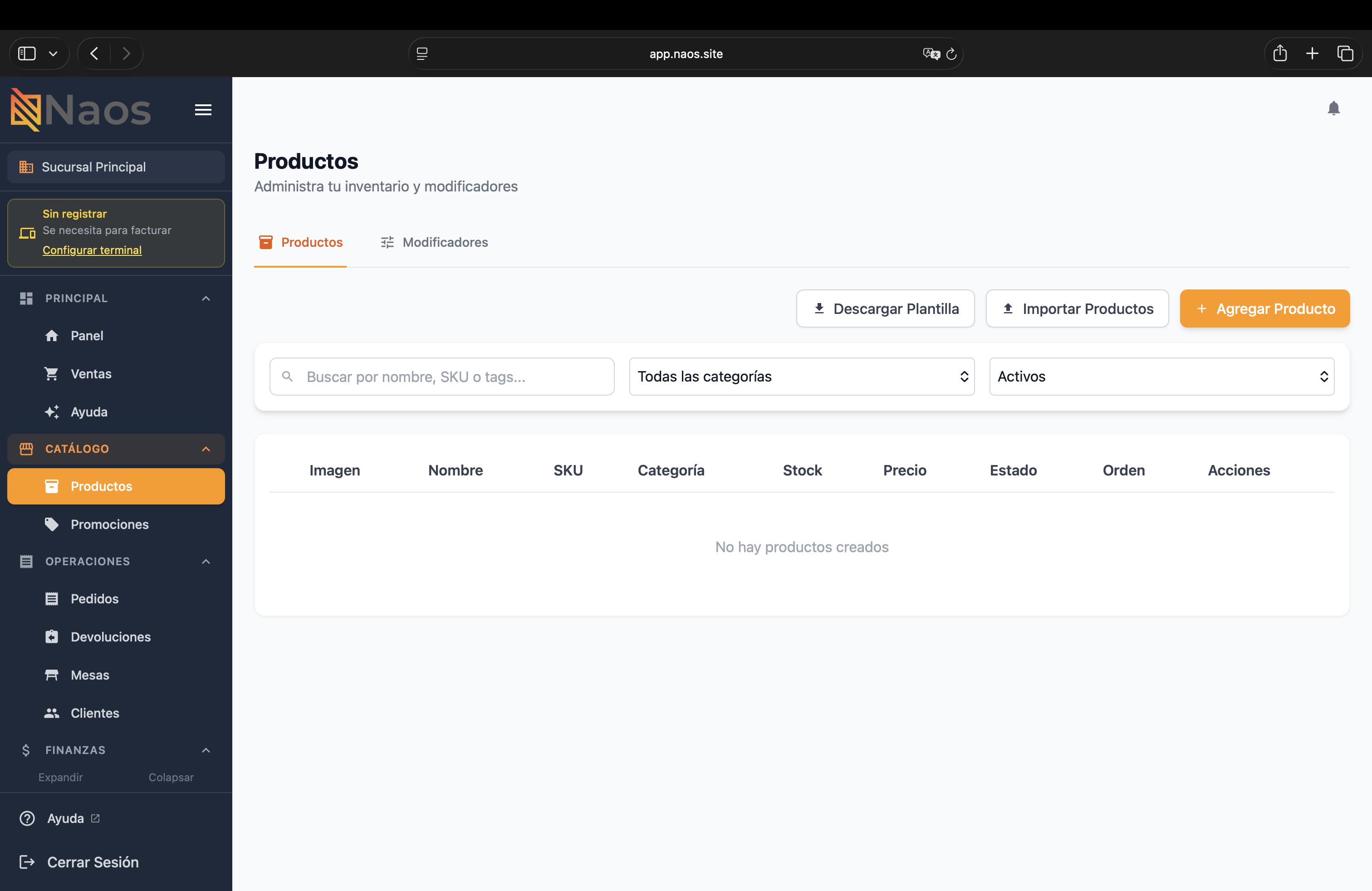 Lista de productos en el portal web