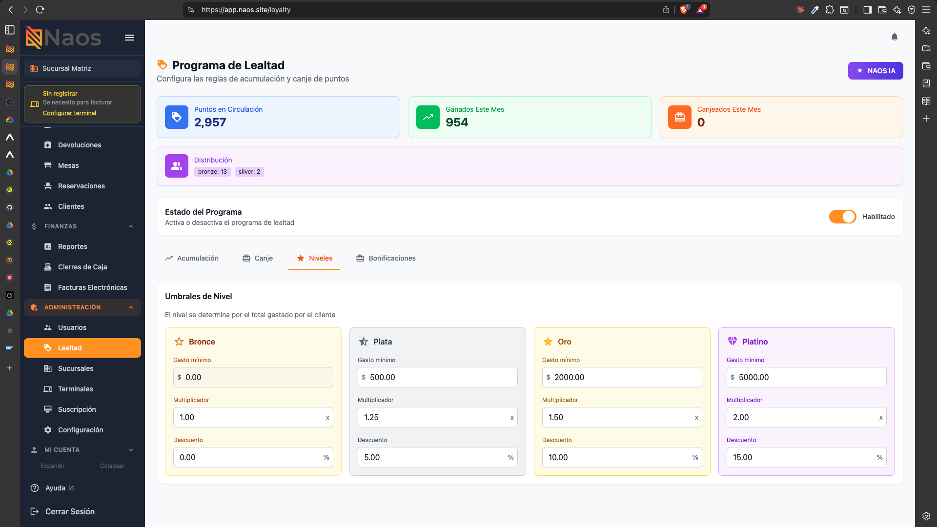 Configuración de niveles del programa de lealtad