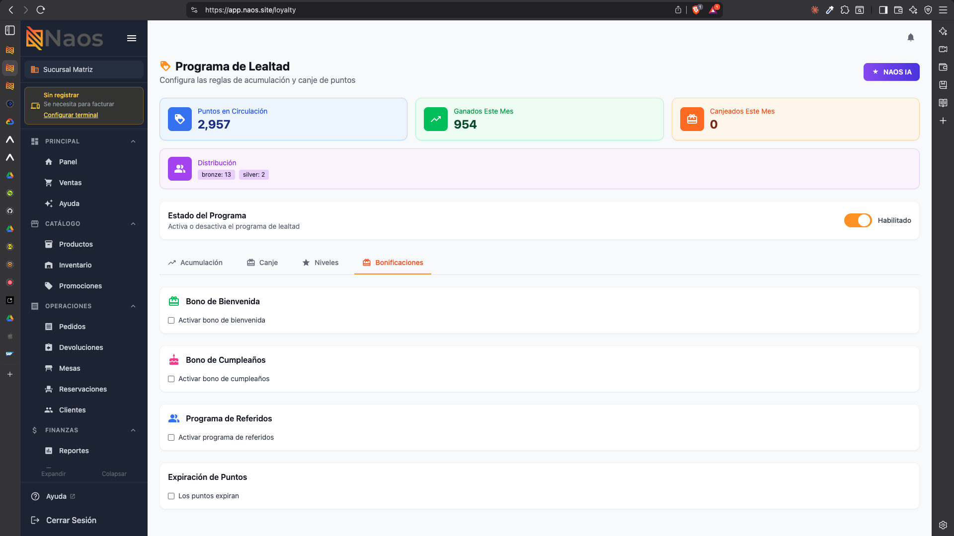 Programa de Lealtad — configuración de acumulación