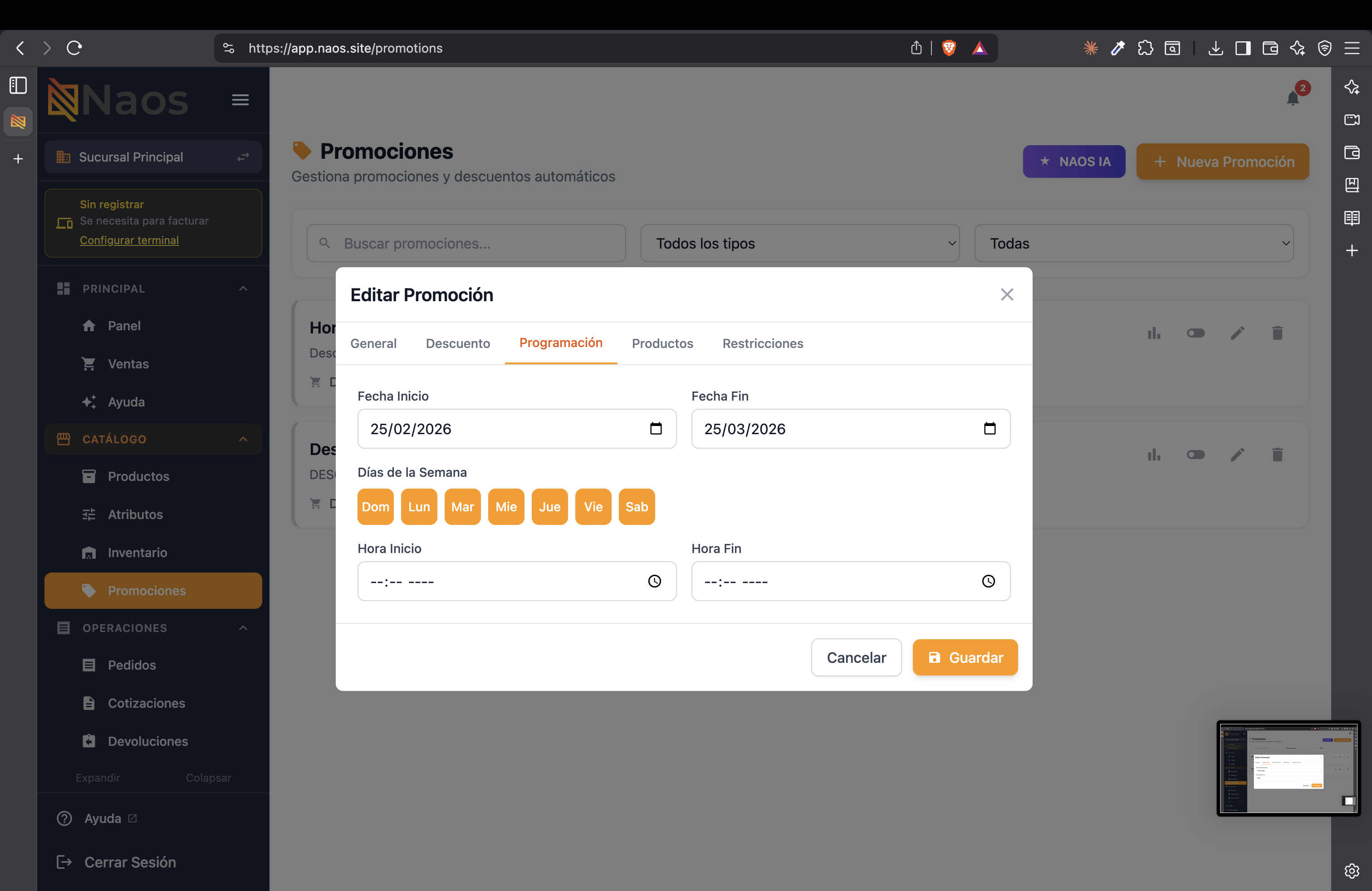 Programación de la promoción