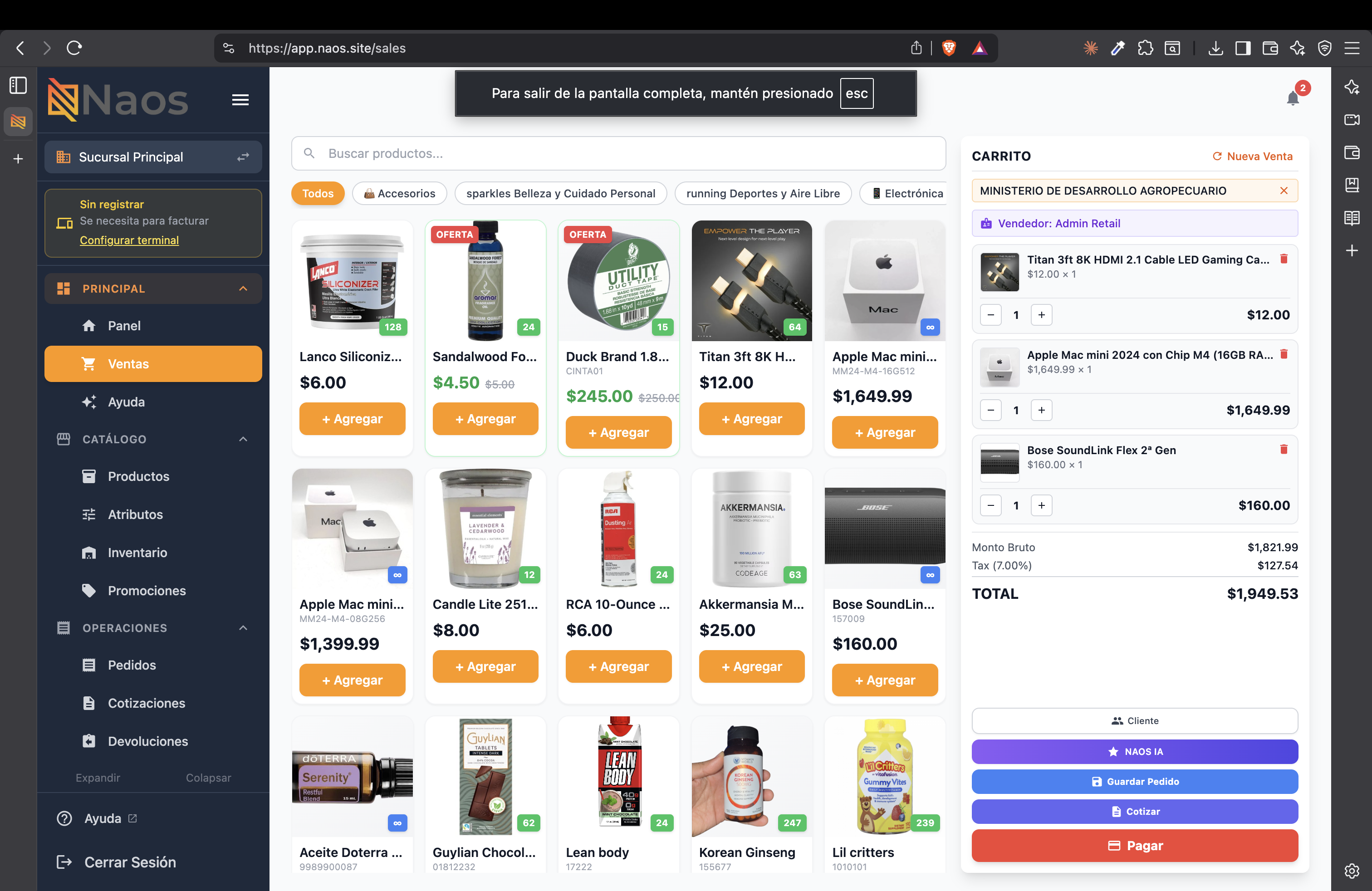 Pantalla de ventas con botón Cotizar
