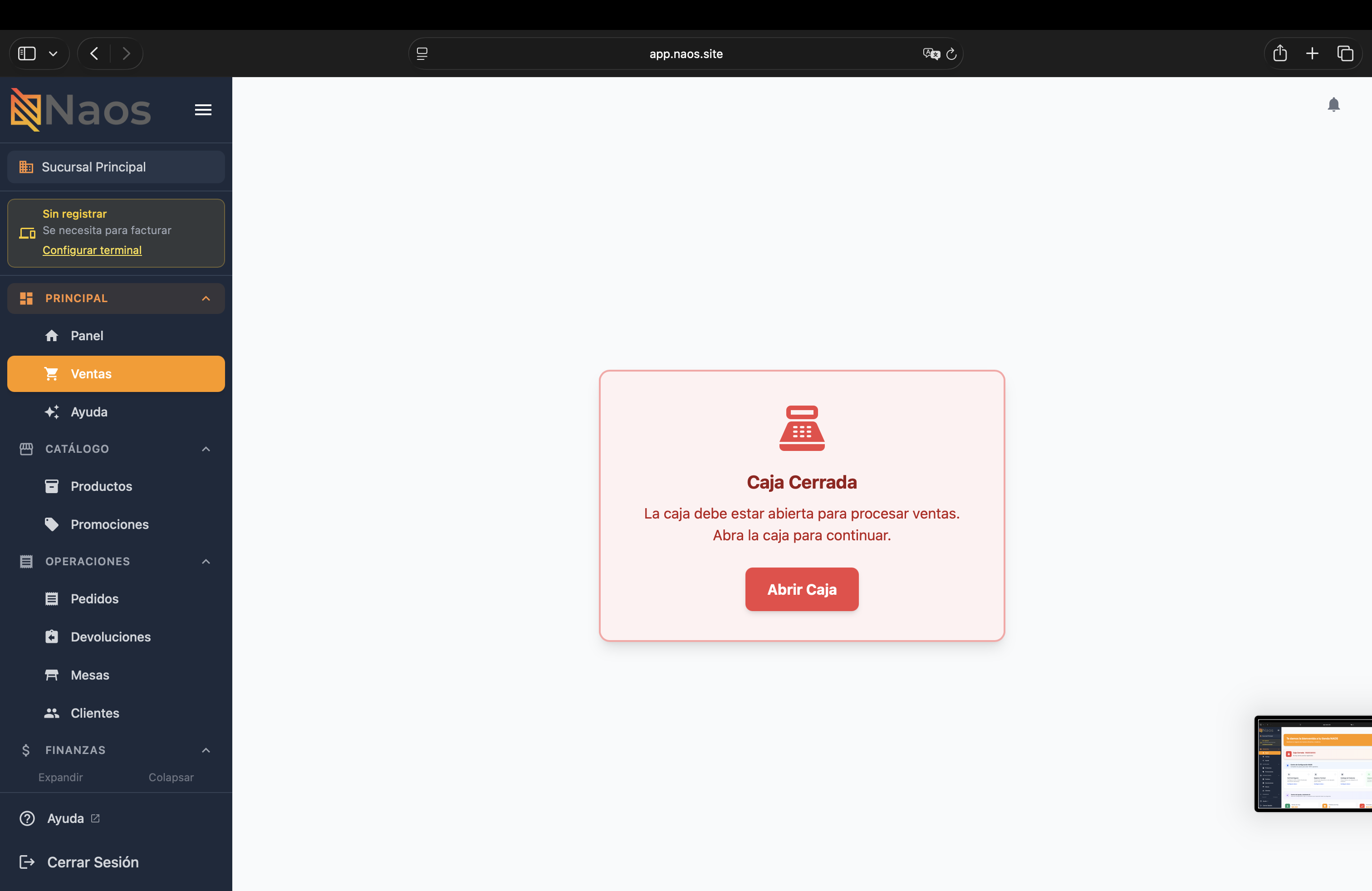 Pantalla de ventas del portal web