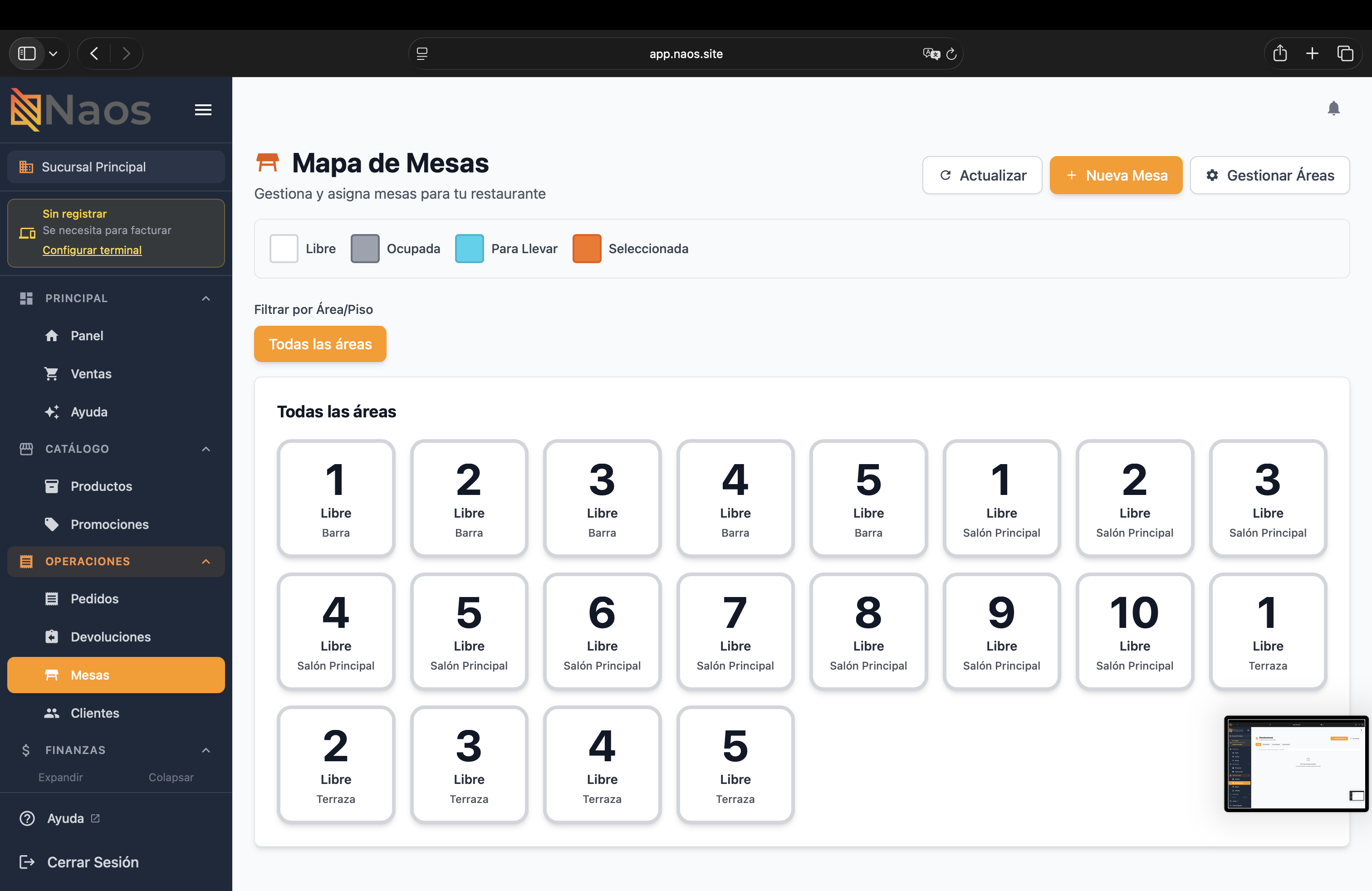 Gestión de mesas en el Portal Web